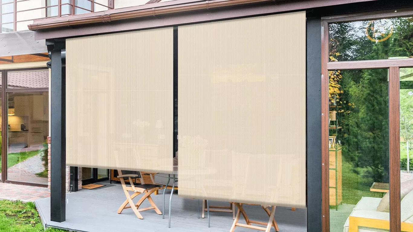 Motorized patio shades providing privacy and sun protection for an Arizona home outdoor seating area