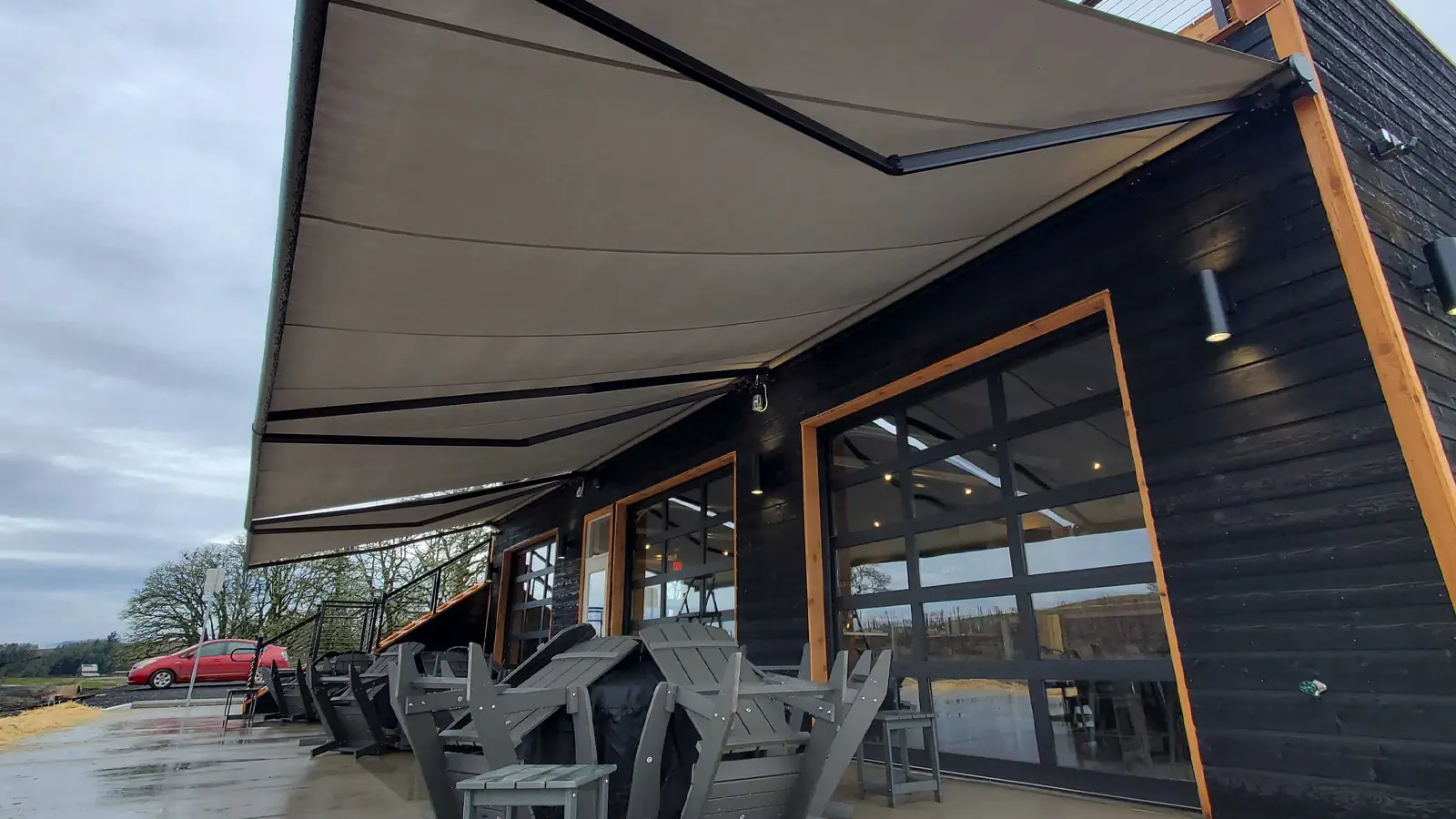 Commercial awning providing storefront shade in Arizona