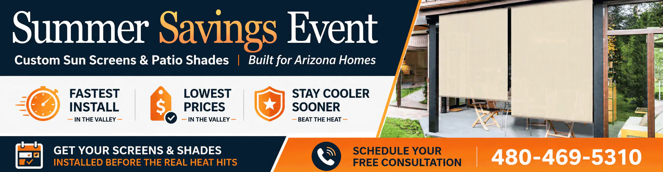CC Shade Solutions Summer Savings Event with fast installation, low prices and free consultation